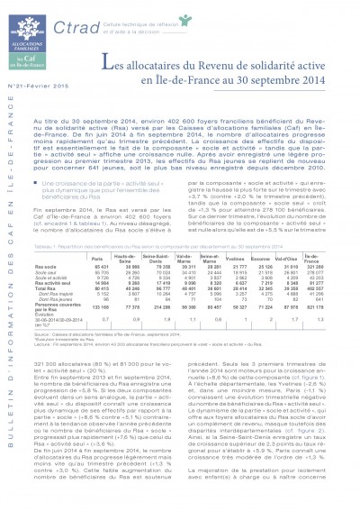 BI-21 Les allocataires du Revenu de solidarité active en Île-de-France au 30 septembre 2014