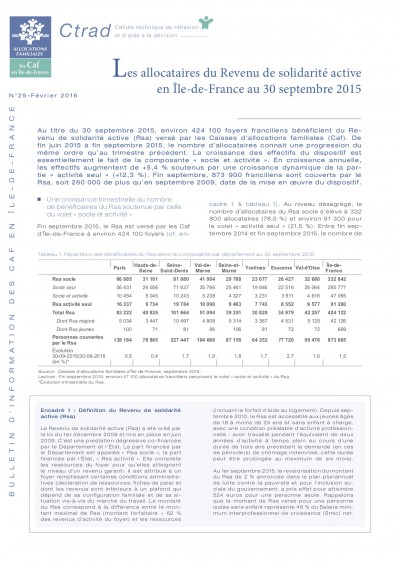 BI-25 Les allocataires du Revenu de solidarité active en Ile-de-France au 30 septembre 2015