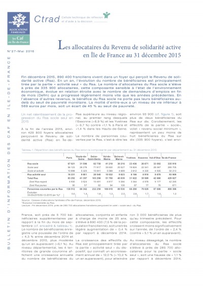 BI-27 Les allocataires du Revenu de solidarité active en Île-de-France au 31 décembre 2015