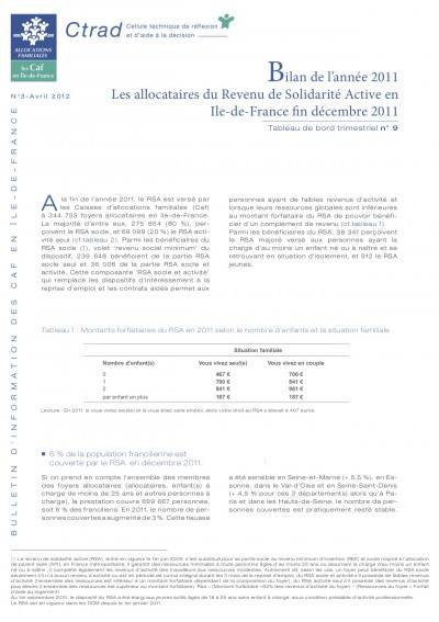 BI-3 Bilan de l’année 2011 Les allocataires du Revenu de Solidarité Active en Ile de France décembre 2011
