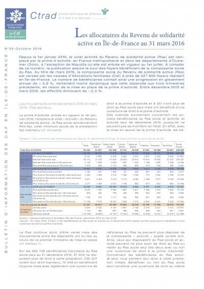 BI-30 Les allocataires du Revenu de solidarité active en Île-de-France au 31 mars 2016