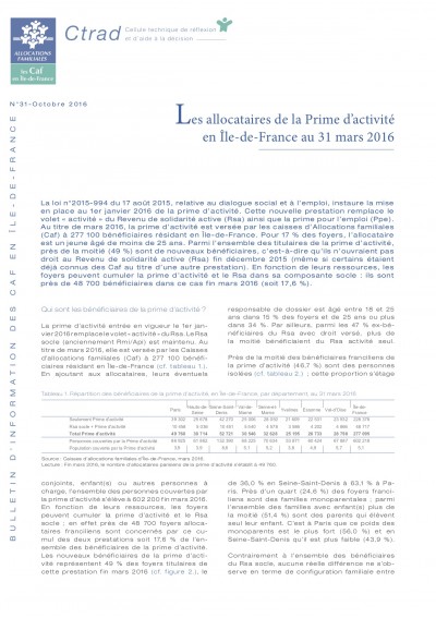 BI-31 Les allocataires de la Prime d’activité en Île-de-France au 31 mars 2016