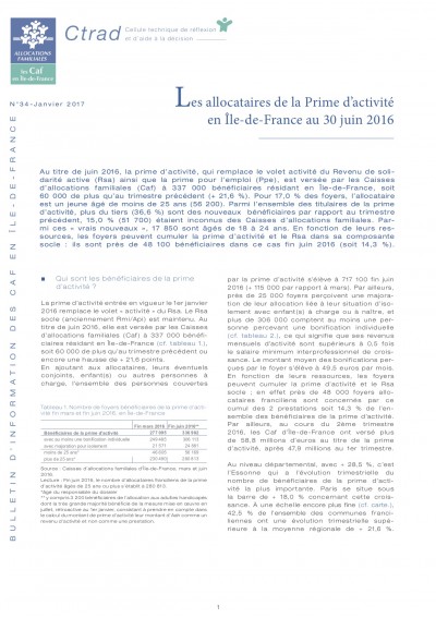 BI-34 Les allocataires de la Prime d’activité en Île-de-France au 30 juin 2016