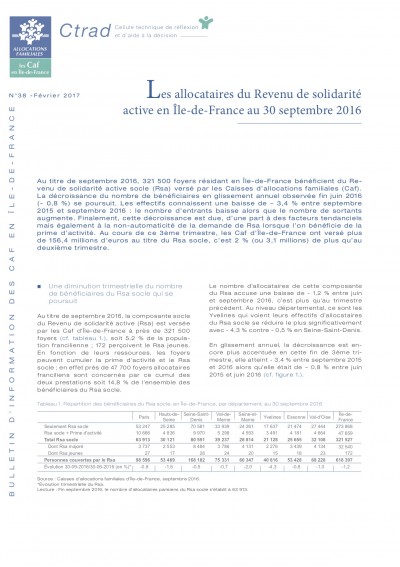 BI-38 Les allocataires du Revenu de solidarité active en Île-de-France au 30 septembre 2016