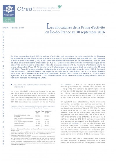 BI-39 Les allocataires de la Prime d’activité en Île-de-France au 30 septembre 2016