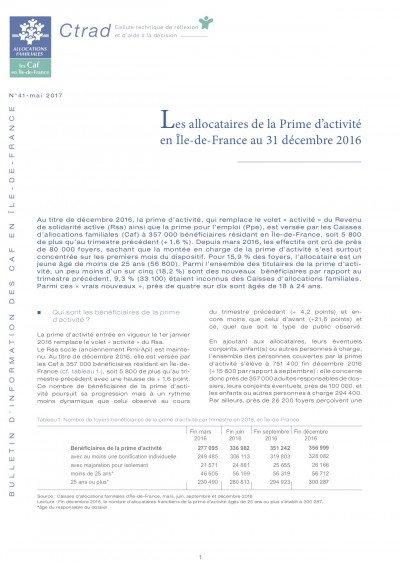 BI-41 Les allocataires de la Prime d’activité en Île-de-France au 31 décembre 2016