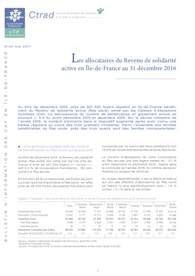 BI-42 Les allocataires du Revenu de solidarité active en Île-de-France au 31 décembre 2016