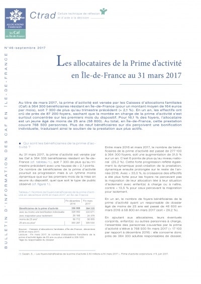 BI-46 Les allocataires de la Prime d’activité en Île-de-France au 31 mars 2017