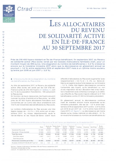 BI-49 LES ALLOCATAIRES DU REVENU DE SOLIDARITÉ ACTIVE EN ÎLE-DE-FRANCE AU 30 SEPTEMBRE 2017