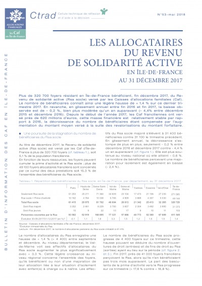 BI-53 LES ALLOCATAIRES DU REVENU DE SOLIDARITÉ ACTIVE EN ÎLE-DE-FRANCE AU 31 DÉCEMBRE 2017