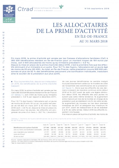 BI-56 LES ALLOCATAIRES DE LA PRIME D’ACTIVITÉ EN ÎLE-DE-FRANCE AU 31 MARS 2018