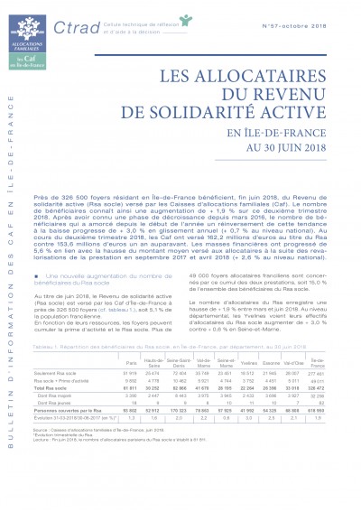 BI-57 LES ALLOCATAIRES DU REVENU DE SOLIDARITÉ ACTIVE EN ÎLE-DE-FRANCE AU 30 JUIN 2018