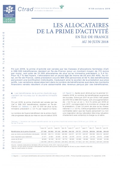 BI-58 LES ALLOCATAIRES DE LA PRIME D’ACTIVITÉ EN ÎLE-DE-FRANCE AU 30 JUIN 2018