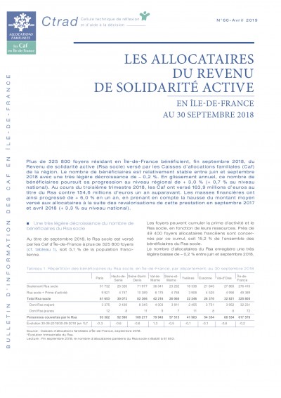 BI-60 LES ALLOCATAIRES DU REVENU DE SOLIDARITÉ ACTIVE EN ÎLE-DE-FRANCE AU 30 SEPTEMBRE 2018