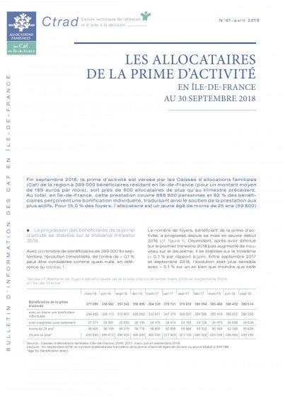 BI-61 LES ALLOCATAIRES DE LA PRIME D’ACTIVITÉ EN ÎLE-DE-FRANCE AU 30 SEPTEMBRE 2018