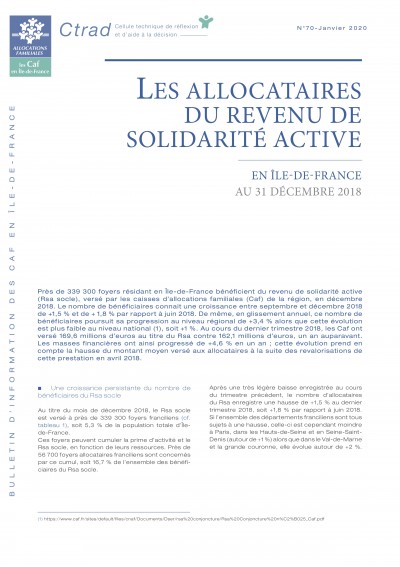 BI-70 LES ALLOCATAIRES DU REVENU DE SOLIDARITÉ ACTIVE EN ÎLE-DE-FRANCE AU 31 DÉCEMBRE 2018