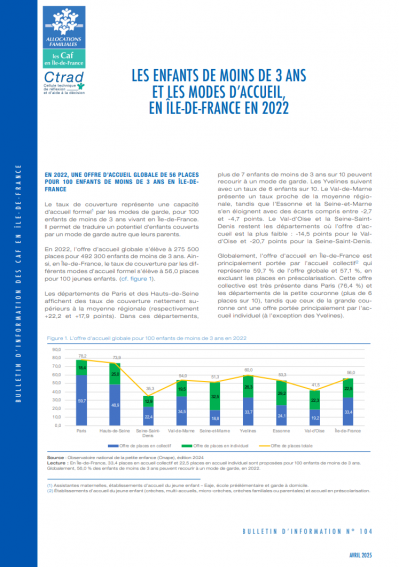 Bulletin d'information n°104 - Les enfants de moins de 3 ans et les modes d'accueil en 2022