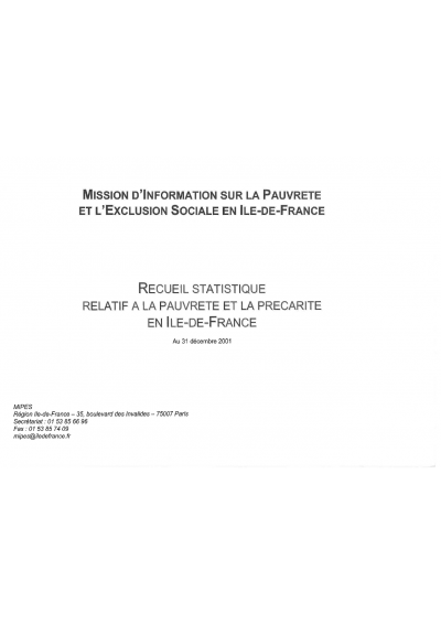 Recueil statistique relatif à la pauvreté et la précarité en Ile-de-France au 31 décembre 2001