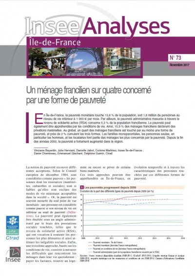 Insee Analyse Île-de-France N°73 : Un ménage francilien sur quatre concerné par une forme de pauvreté (Nov 2017)