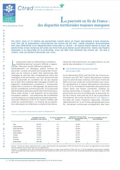 La pauvreté en Île-de-France : des disparités territoriales toujours marquées (Oct 2012)